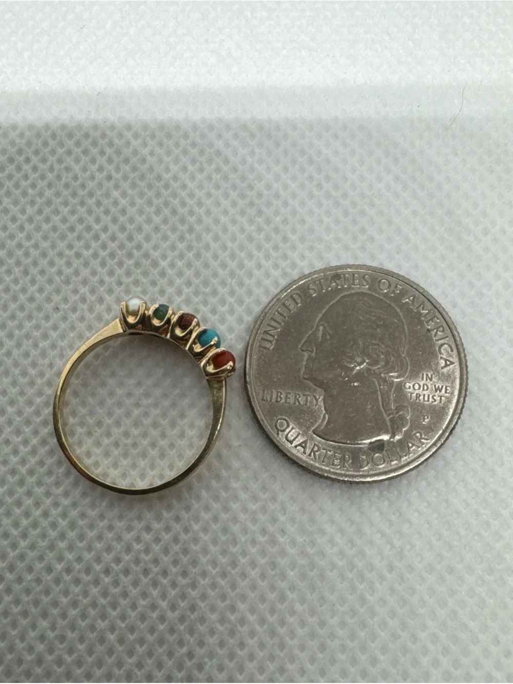 VTG BEAUTIFUL 10K YELLOW GOLD MULTI STONE TURQUOISE PEARL JADE RING SIZE 5.75